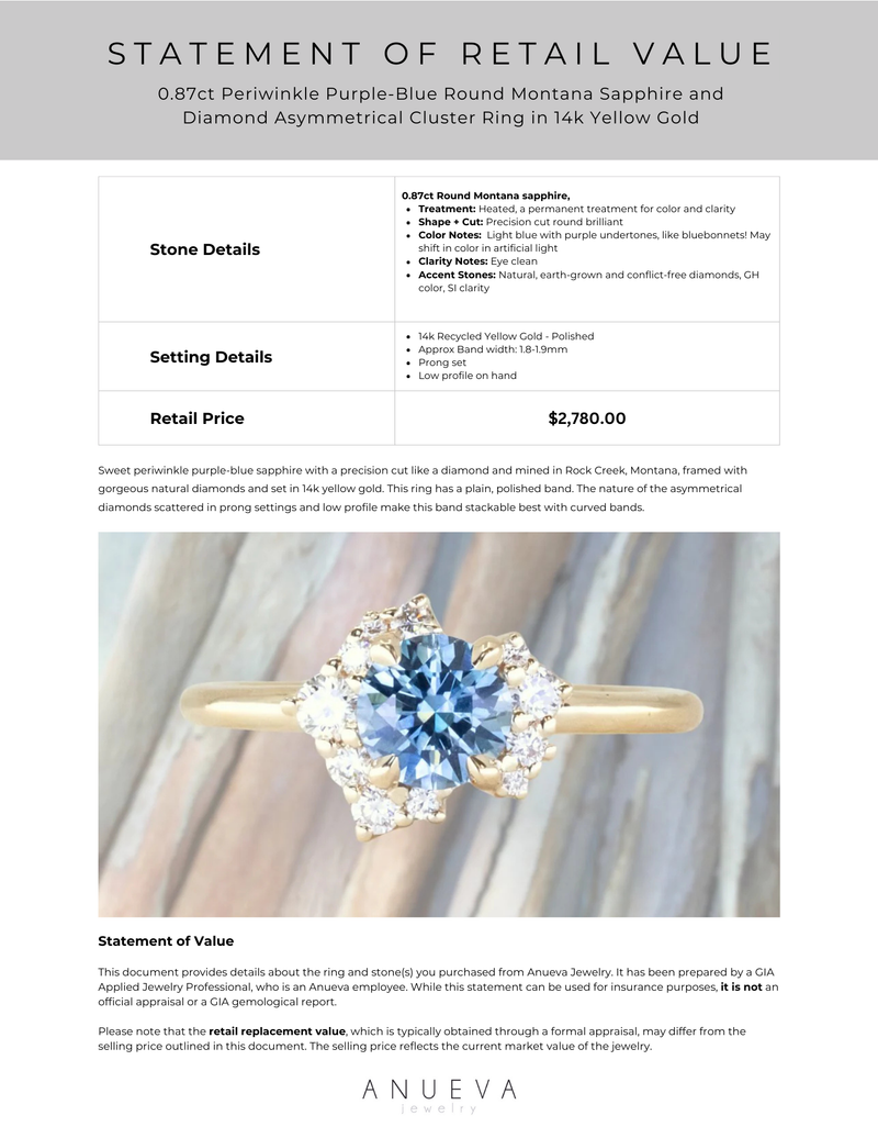 0.87ct Periwinkle Purple-Blue Round Montana Sapphire and Diamond Asymmetrical Cluster Ring in 14k Yellow Gold