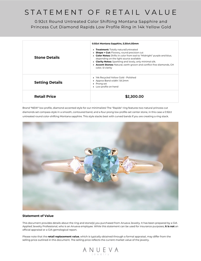 0.92ct Round Untreated Color Shifting Montana Sapphire and Princess Cut Diamond Rapids Low Profile Ring in 14k Yellow Gold