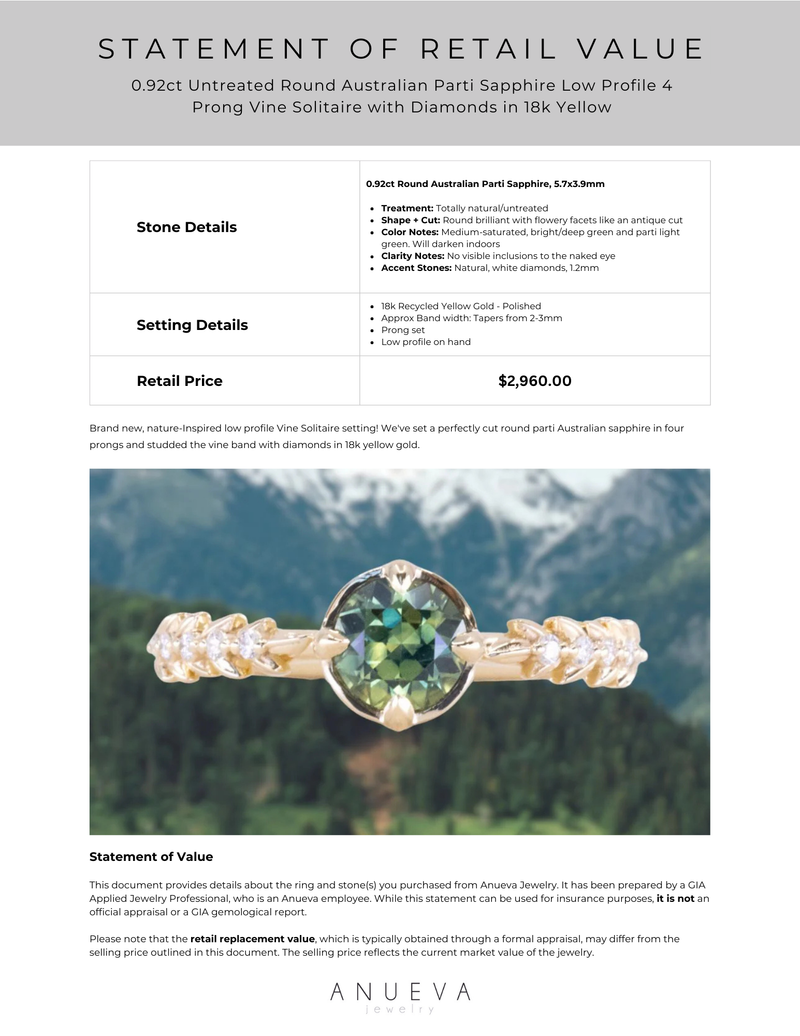 0.92ct Untreated Round Australian Parti Sapphire Low Profile 4 Prong Vine Solitaire with Diamonds in 18k Yellow