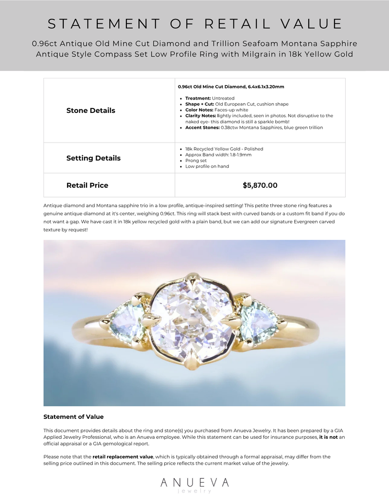 0.96ct Antique Old Mine Cut Diamond and Trillion Seafoam Montana Sapphire Antique Style Compass Set Low Profile Ring with Milgrain in 18k Yellow Gold