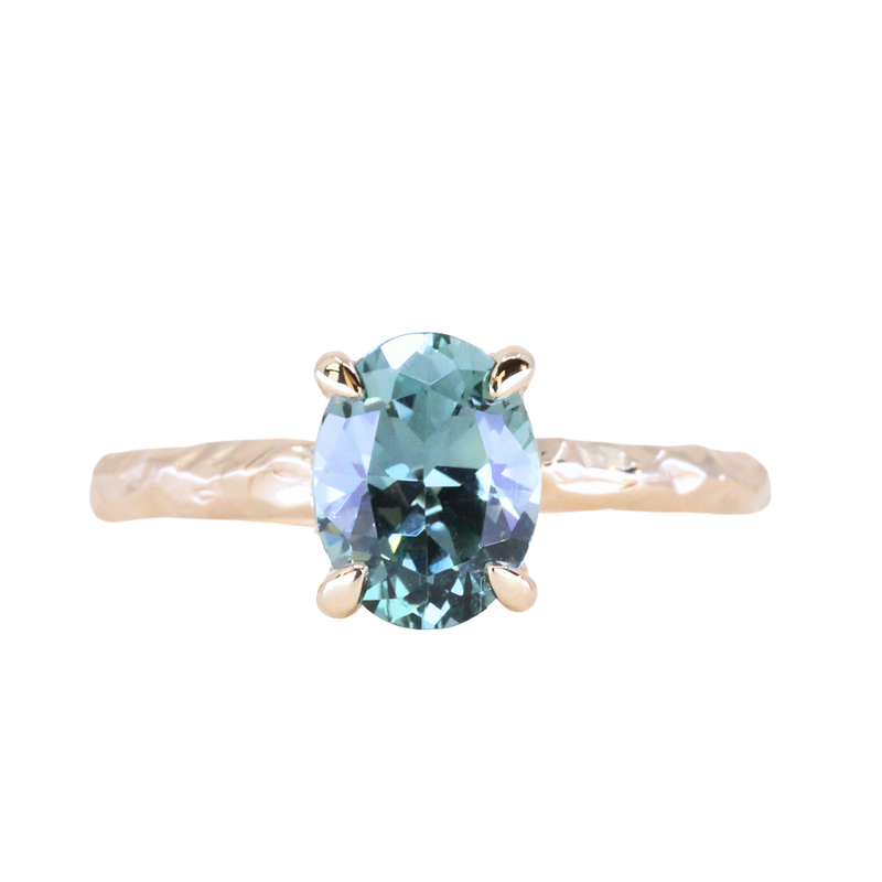 1.58ct Oval Untreated Light Blue Montana Sapphire Evergreen Carved 4 Prong Solitaire in 14k Yellow Gold