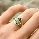 2.07ct Untreated Glowy Teal Madagascar Pear Sapphire and Trillion Grey Diamonds Low Profile Three Stone Ring in 18k Yellow Gold