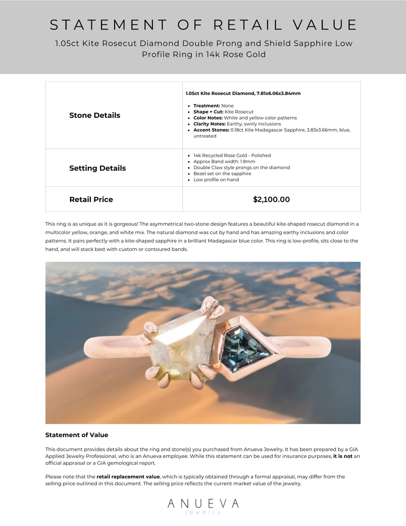 1.05ct Kite Rosecut Diamond Double Prong and Shield Sapphire Low Profile Ring in 14k Rose Gold
