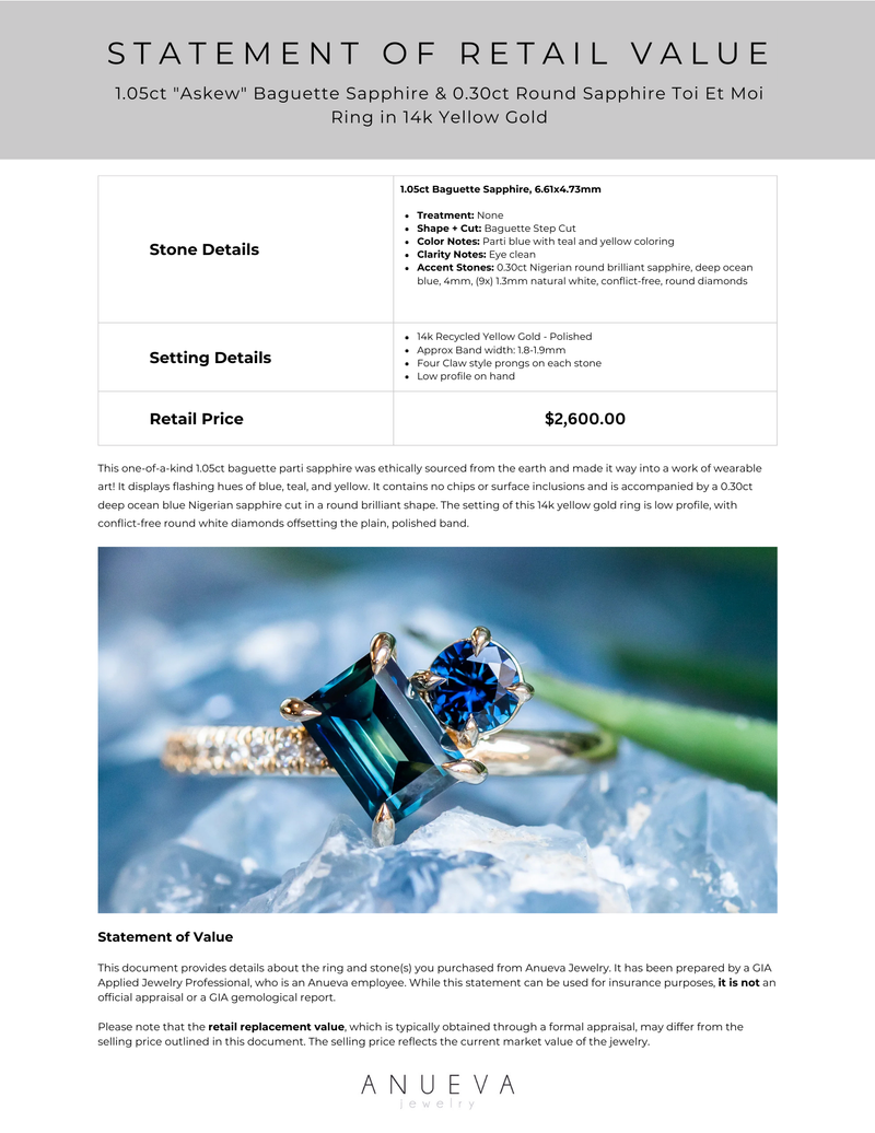 1.05ct "Askew" Baguette Sapphire & 0.30ct Round Sapphire Toi Et Moi Ring in 14k Yellow Gold