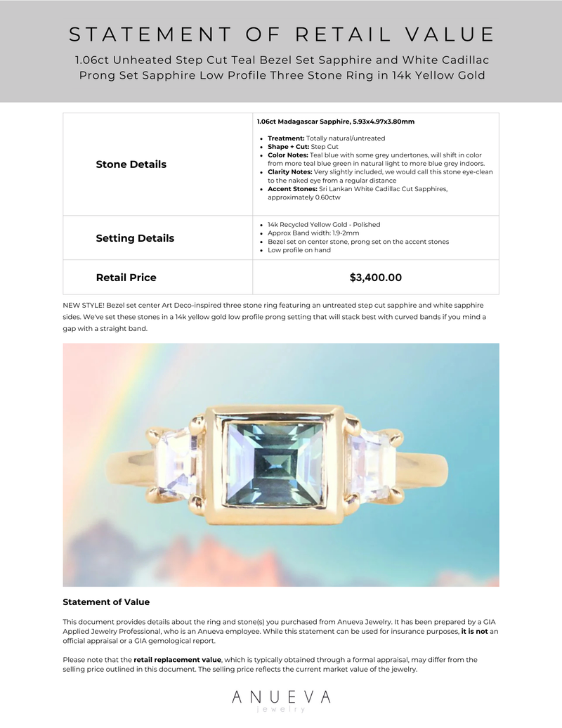 1.06ct Unheated Step Cut Teal Bezel Set Sapphire and White Cadillac Prong Set Sapphire Low Profile Three Stone Ring in 14k Yellow Gold