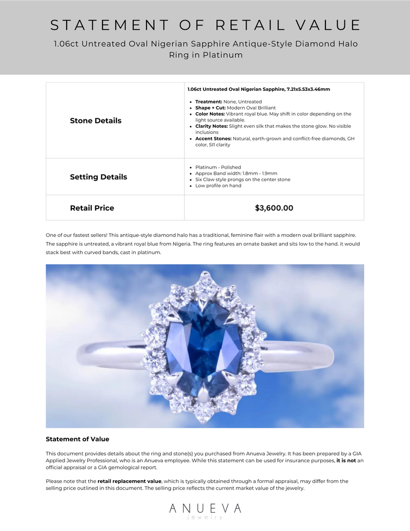 1.06ct Untreated Oval Nigerian Sapphire Antique-Style Diamond Halo Ring in Platinum