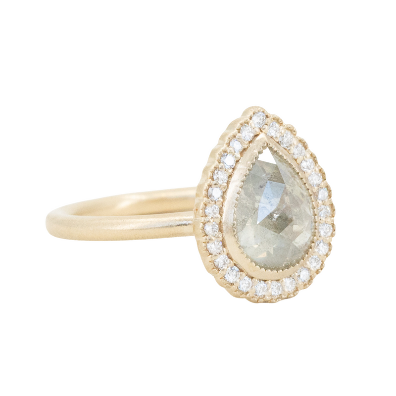 1.69ct Rosecut Grey Pear Diamond and Antique Style Scalloped Halo Ring in 14k Yellow Gold Satin Finish