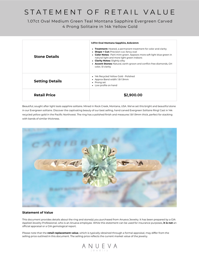 1.07ct Oval Medium Green Teal Montana Sapphire Evergreen Carved 4 Prong Solitaire in 14k Yellow Gold