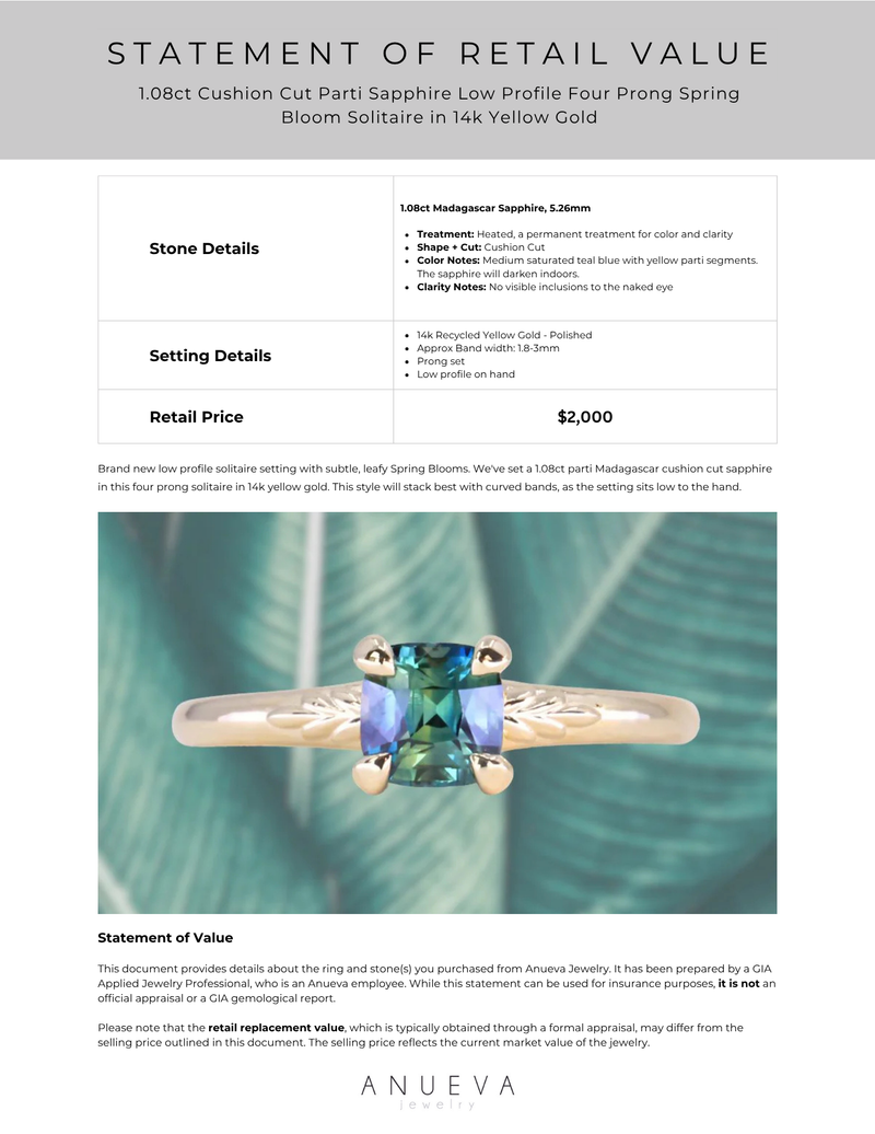 1.08ct Cushion Cut Parti Sapphire Low Profile Four Prong Spring Bloom Solitaire in 14k Yellow Gold