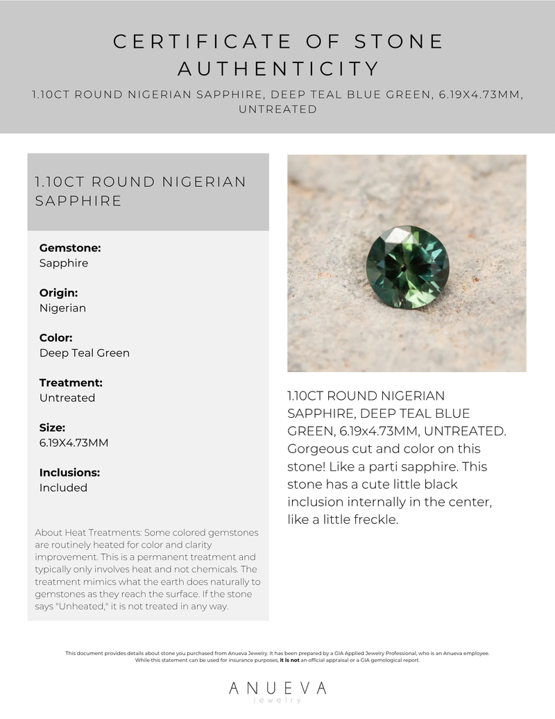 40% OFF 1.10CT ROUND NIGERIAN SAPPHIRE, DEEP TEAL BLUE GREEN, 6.19X4.73MM, UNTREATED