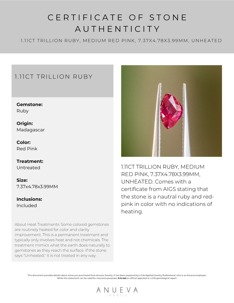 40% OFF 1.11CT TRILLION RUBY, MEDIUM RED PINK, 7.37X4.78X3.99MM, UNHEATED