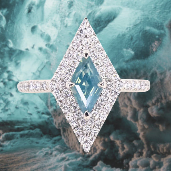 1.12ct Kite Shaped Opalescent Teal Sapphire Double Diamond Halo Ring in Platinum