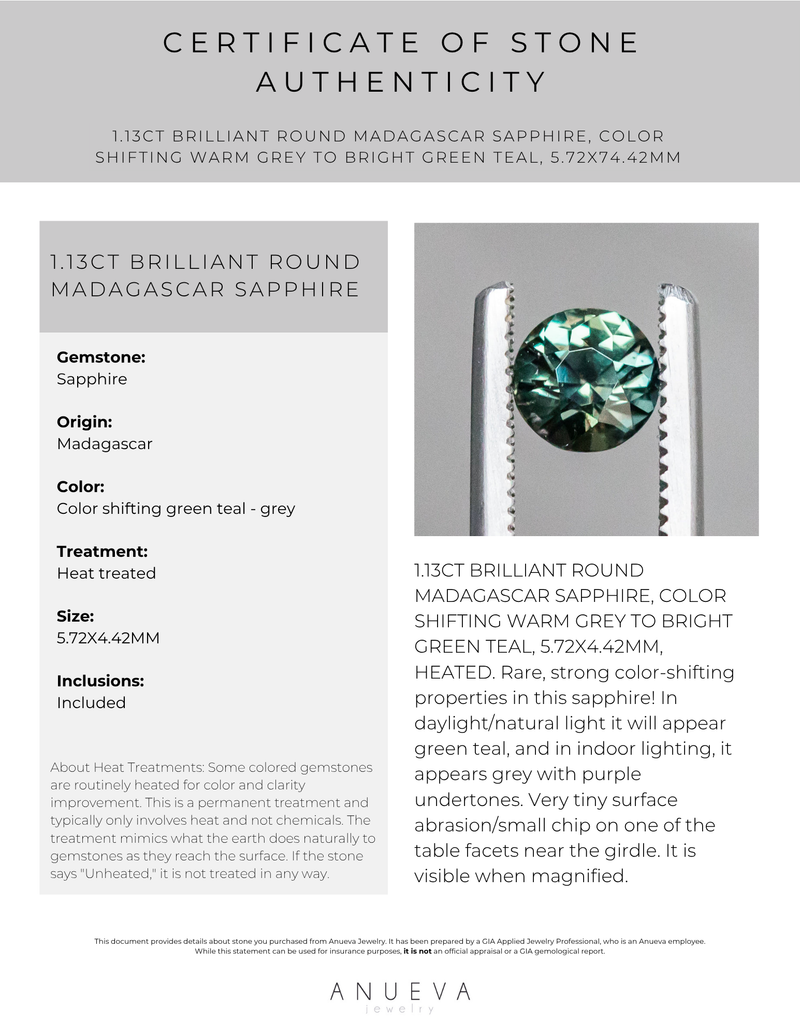 40% OFF 1.13CT BRILLIANT ROUND MADAGASCAR SAPPHIRE, COLOR SHIFTING WARM GREY TO BRIGHT GREEN TEAL, 5.72X74.42MM