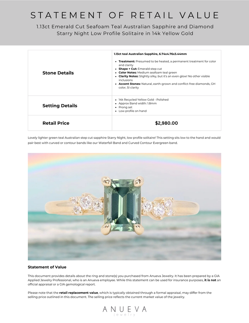 1.13ct Emerald Cut Seafoam Teal Australian Sapphire and Diamond Starry Night Low Profile Solitaire in 14k Yellow Gold
