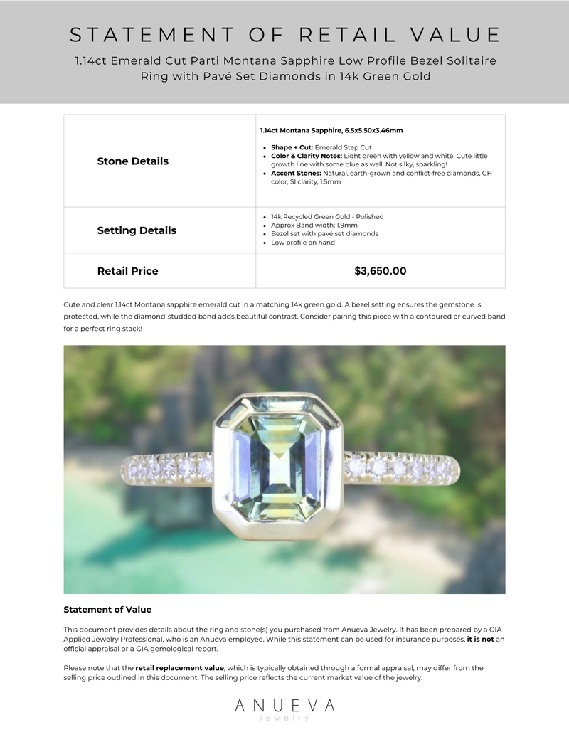 1.14ct Emerald Cut Parti Montana Sapphire Low Profile Bezel Solitaire Ring with Pavé Set Diamonds in 14k Green Gold
