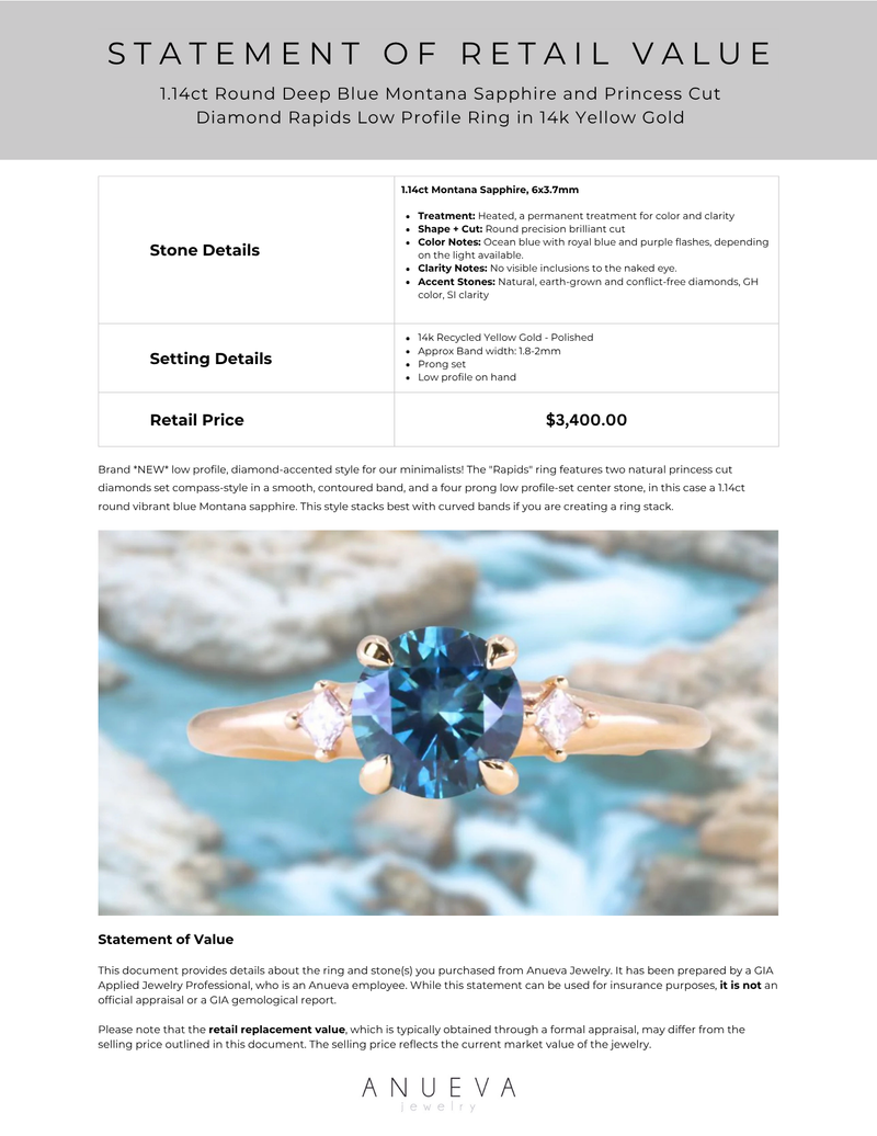 1.14ct Round Deep Blue Montana Sapphire and Princess Cut Diamond Rapids Low Profile Ring in 14k Yellow Gold