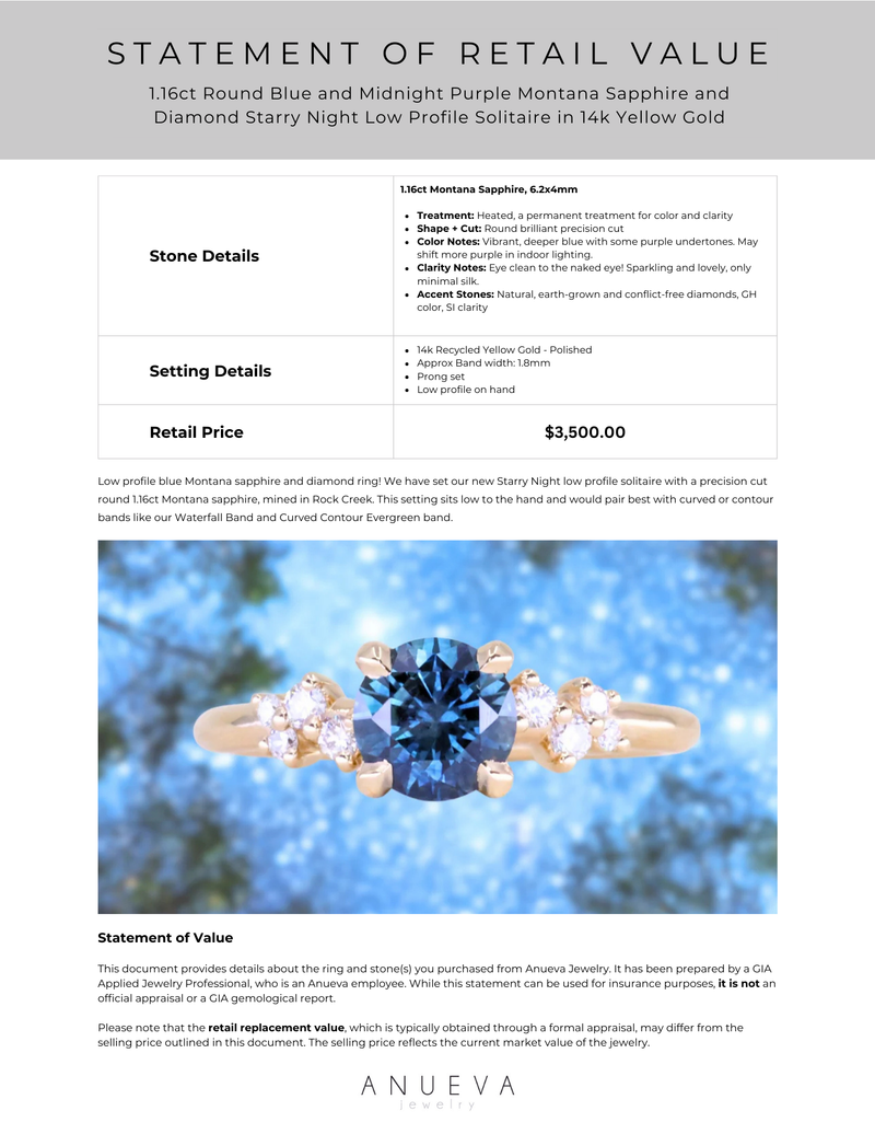 1.16ct Round Blue and Midnight Purple Montana Sapphire and Diamond Starry Night Low Profile Solitaire in 14k Yellow Gold