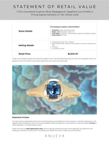 1.17ct Untreated Cushion Blue Madagascar Sapphire Low Profile 4 Prong Signet Solitaire in 14k Yellow Gold