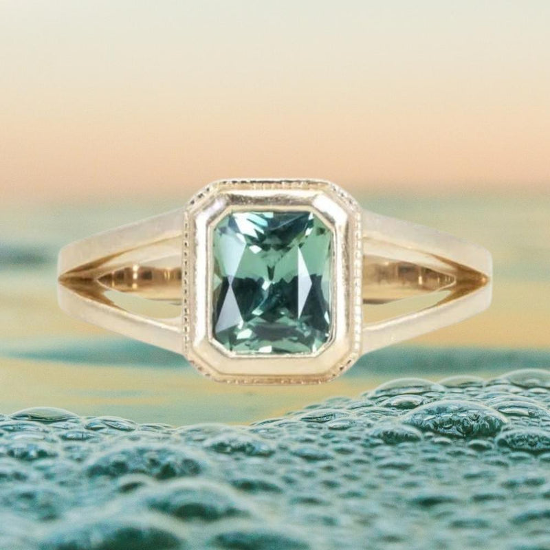 Radiant Cut Seafoam Montana Sapphire Split Shank Bezel Ring