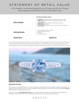1.21ct Double Cut Montana Sapphire Four Prong Low Profile Vintage Style Milgrain and Diamond Ring in 14k White Gold