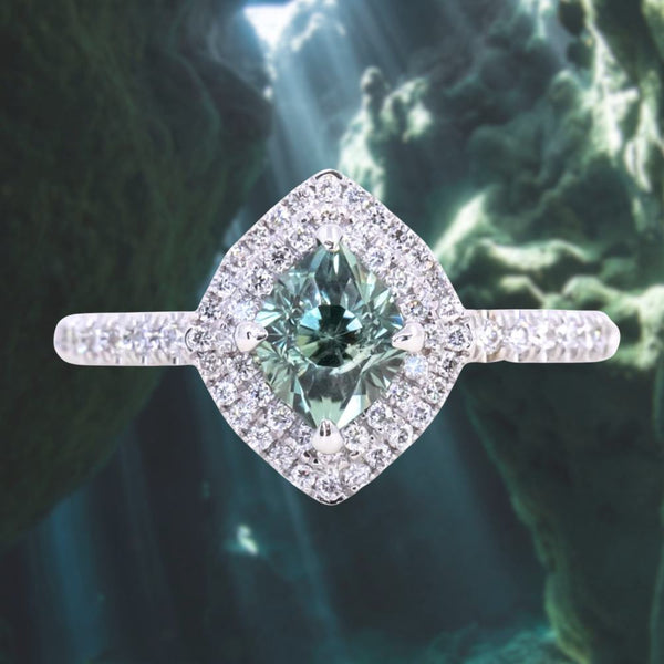1.23ct Minty Montana Sapphire Double Diamond Halo Ring in 14K White Gold