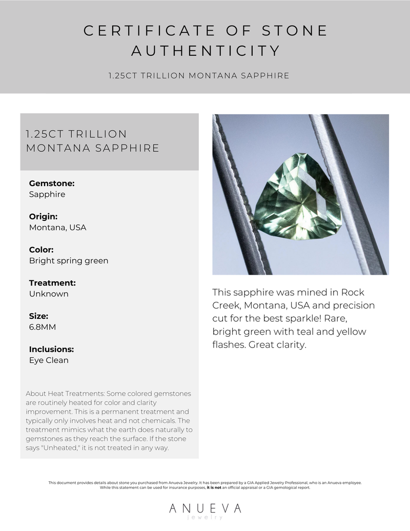 1.25CT TRILLION MONTANA SAPPHIRE, BRIGHT SPRING GREEN WITH YELLOW, 6.8MM