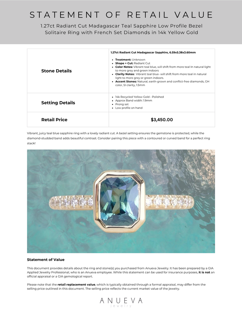 1.27ct Radiant Cut Madagascar Teal Sapphire Low Profile Bezel Solitaire Ring with French Set Diamonds in 14k Yellow Gold