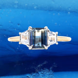 1.28ct Emerald cut Tanzanian Ombre Sapphire and Cadillac cut White Sapphire Low Profile Three Stone Ring in Platinum and 14k Yellow Gold