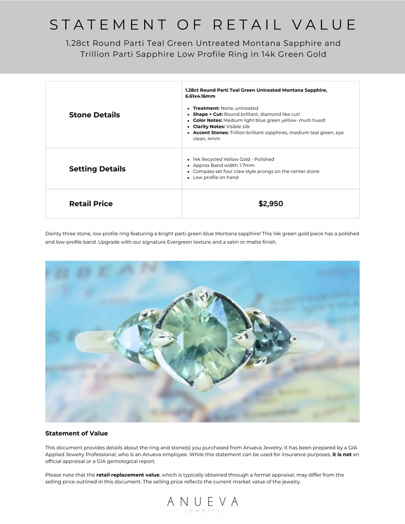 1.28ct Round Parti Teal Green Untreated Montana Sapphire and Trillion Parti Sapphire Low Profile Ring in 14k Green Gold