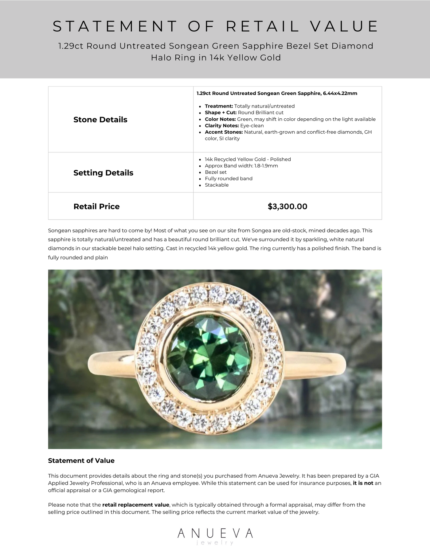 1.29ct Round Untreated Songean Green Sapphire Bezel Set Diamond Halo R –  Anueva Jewelry