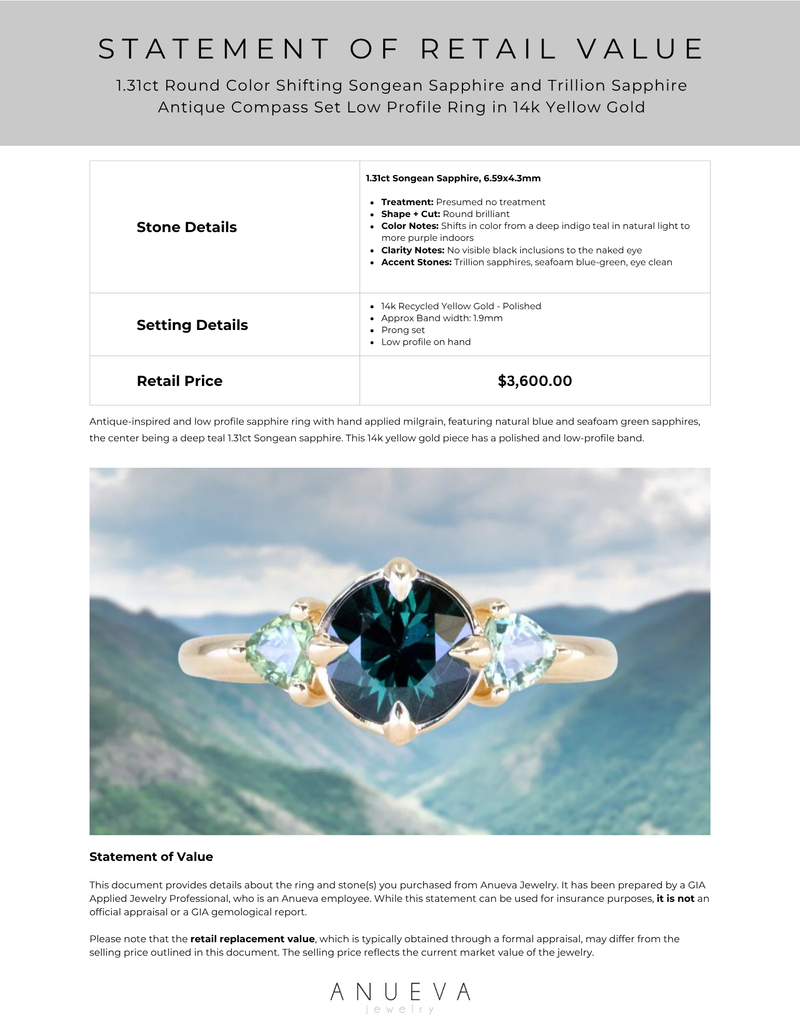 1.31ct Round Color Shifting Songean Sapphire and Trillion Sapphire Antique Compass Set Low Profile Ring in 14k Yellow Gold