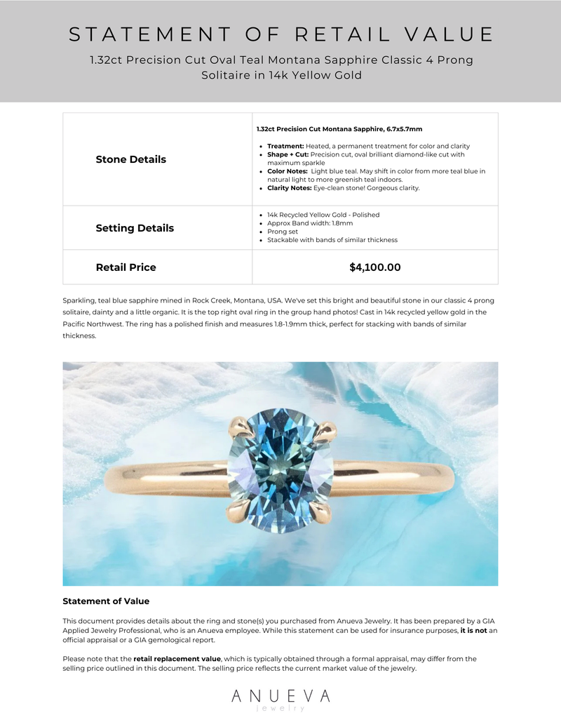 1.32ct Precision Cut Oval Teal Montana Sapphire Classic 4 Prong Solitaire in 14k Yellow Gold