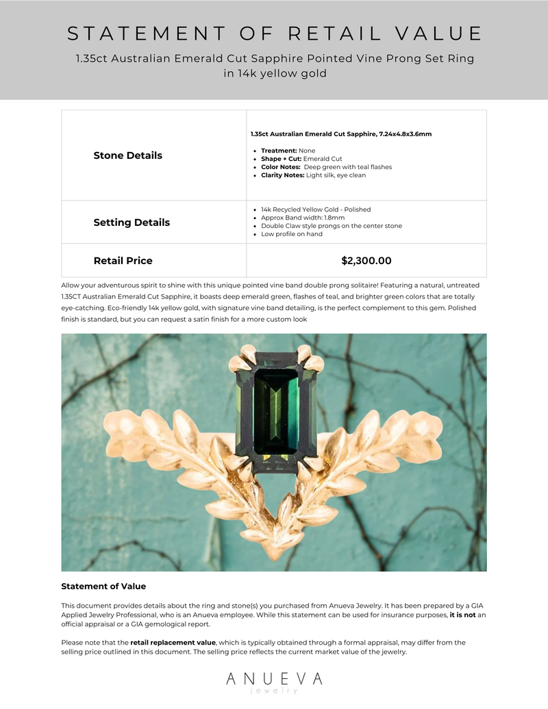 1.35ct Australian Emerald Cut Sapphire Pointed Vine Prong Set Ring in 14k yellow gold