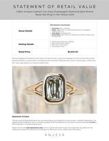 1.36ct Unique Cushion Cut Grey Champagne Diamond Split Shank Bezel Set Ring in 14k Yellow Gold