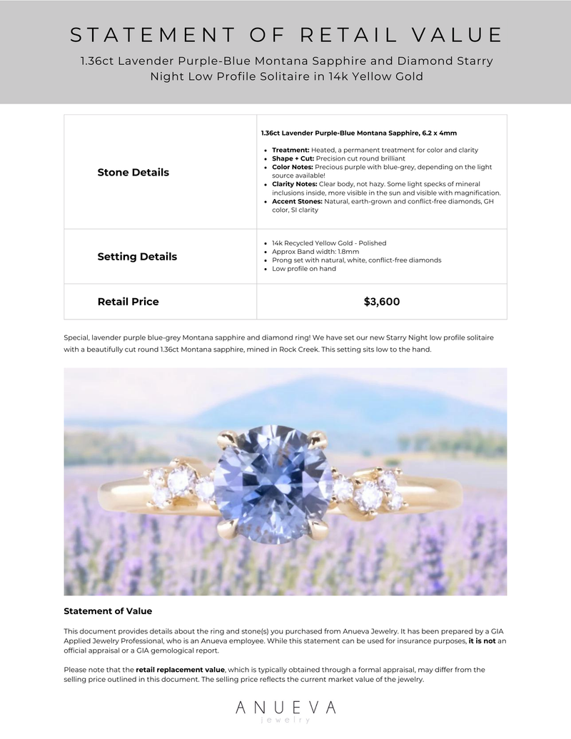 1.36ct Lavender Purple-Blue Montana Sapphire and Diamond Starry Night Low Profile Solitaire in 14k Yellow Gold