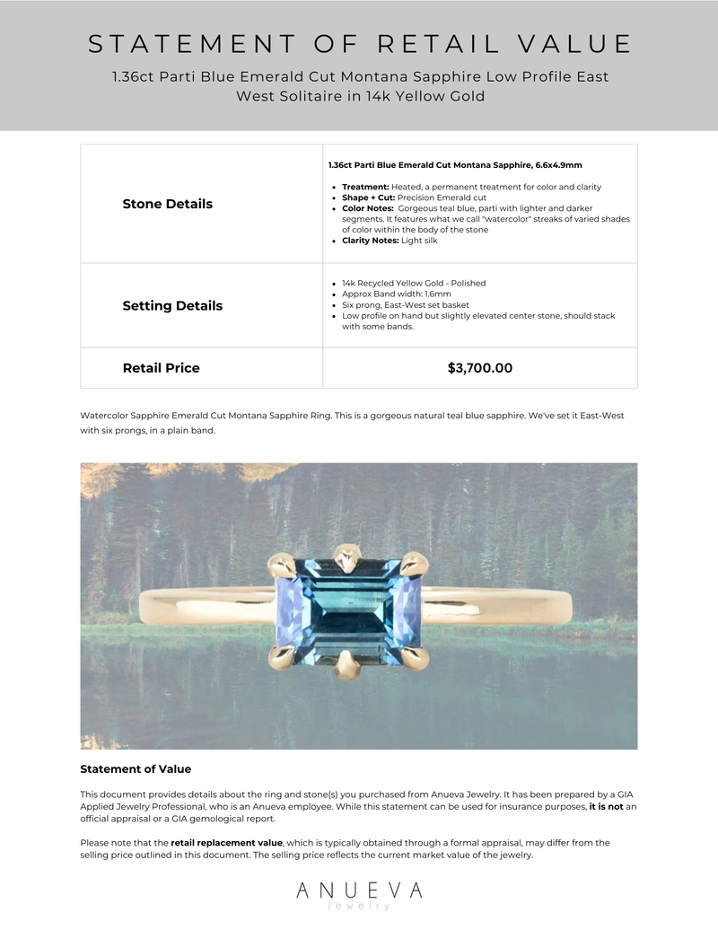 1.36ct Parti Blue Emerald Cut Montana Sapphire Low Profile East West Solitaire in 14k Yellow Gold