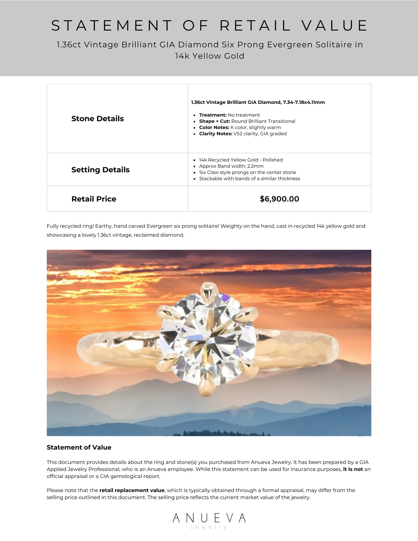 1.36ct Vintage Brilliant GIA Diamond Six Prong Evergreen Solitaire in –  Anueva Jewelry