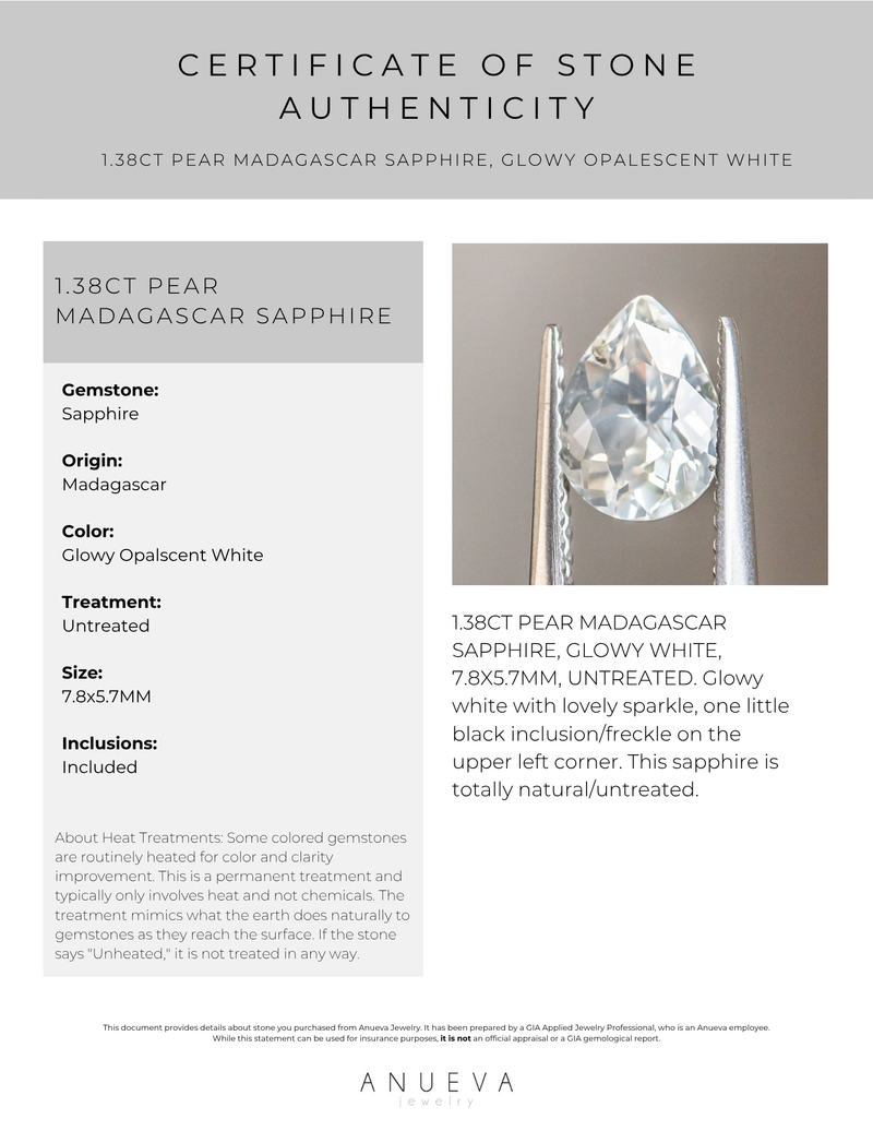 40% OFF 1.38CT PEAR MADAGASCAR SAPPHIRE, GLOWY OPALESCENT WHITE, 7.8X5.7MM, UNTREATED