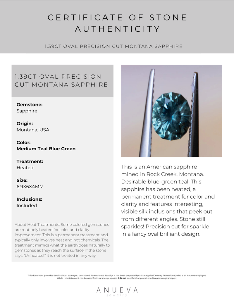 1.39CT OVAL PRECISION CUT MONTANA SAPPHIRE, MEDIUM TEAL BLUE GREEN, 6.9X6X4MM