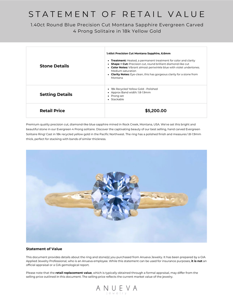 1.40ct Round Blue Precision Cut Montana Sapphire Evergreen Carved 4 Prong Solitaire in 18k Yellow Gold