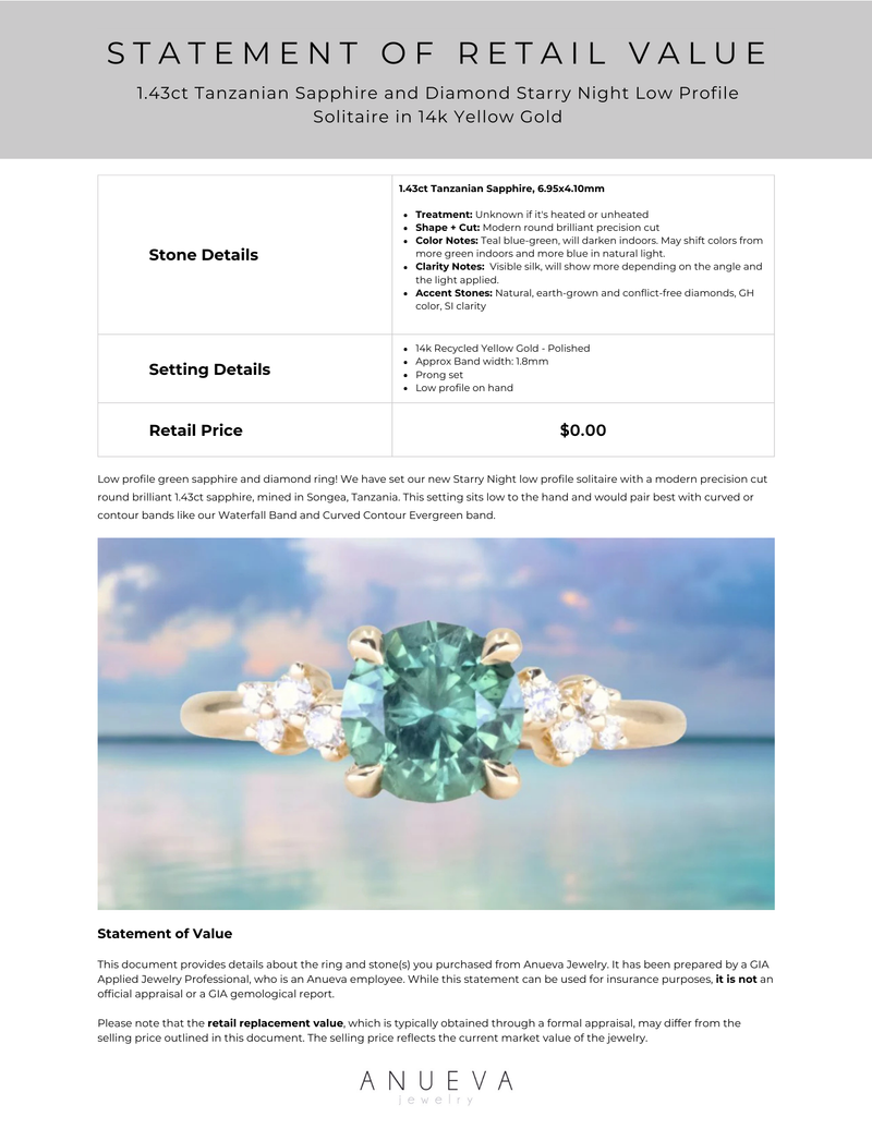 1.43ct Tanzanian Sapphire and Diamond Starry Night Low Profile Solitaire in 14k Yellow Gold