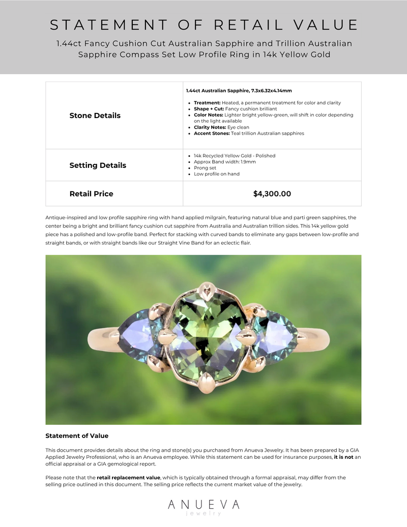 1.44ct Fancy Cushion Cut Australian Sapphire and Trillion Australian Sapphire Compass Set Low Profile Ring in 14k Yellow Gold