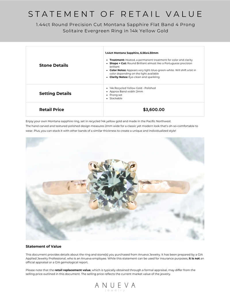 1.44ct Round Precision Cut Montana Sapphire Flat Band 4 Prong Solitaire Evergreen Ring in 14k Yellow Gold