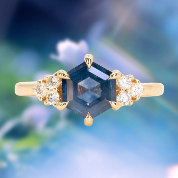 1.45ct Hexagon Silky Blue Montana Sapphire and Diamond Cluster Ring in 18k Yellow Gold