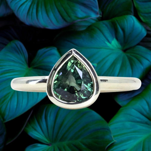 1.51ct Deep Green Teal Pear Sapphire Low Profile Hidden Halo Bezel Set Ring in 14k Green Gold