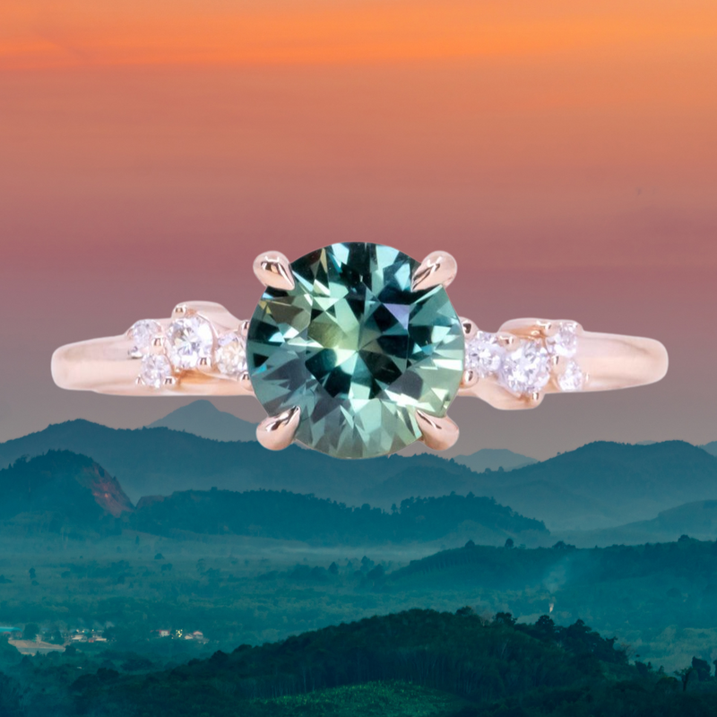 1.52ct Midnight-Teal Color Shifting Songean Sapphire and Diamond Starry Night Low Profile Solitaire in 14k Rose Gold