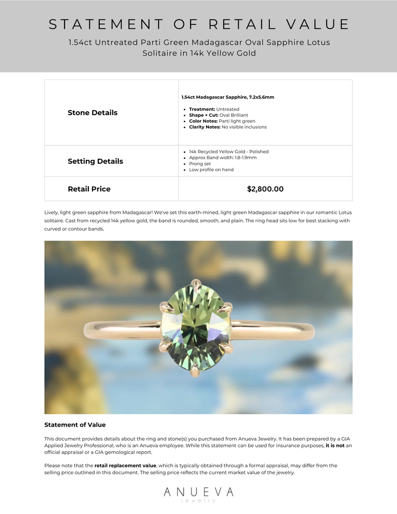 1.54ct Untreated Parti Green Madagascar Oval Sapphire Lotus Solitaire in 14k Yellow Gold