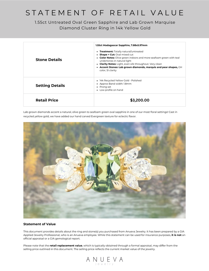 1.55ct Untreated Oval Green Sapphire and Lab Grown Marquise Diamond Cluster Ring in 14k Yellow Gold