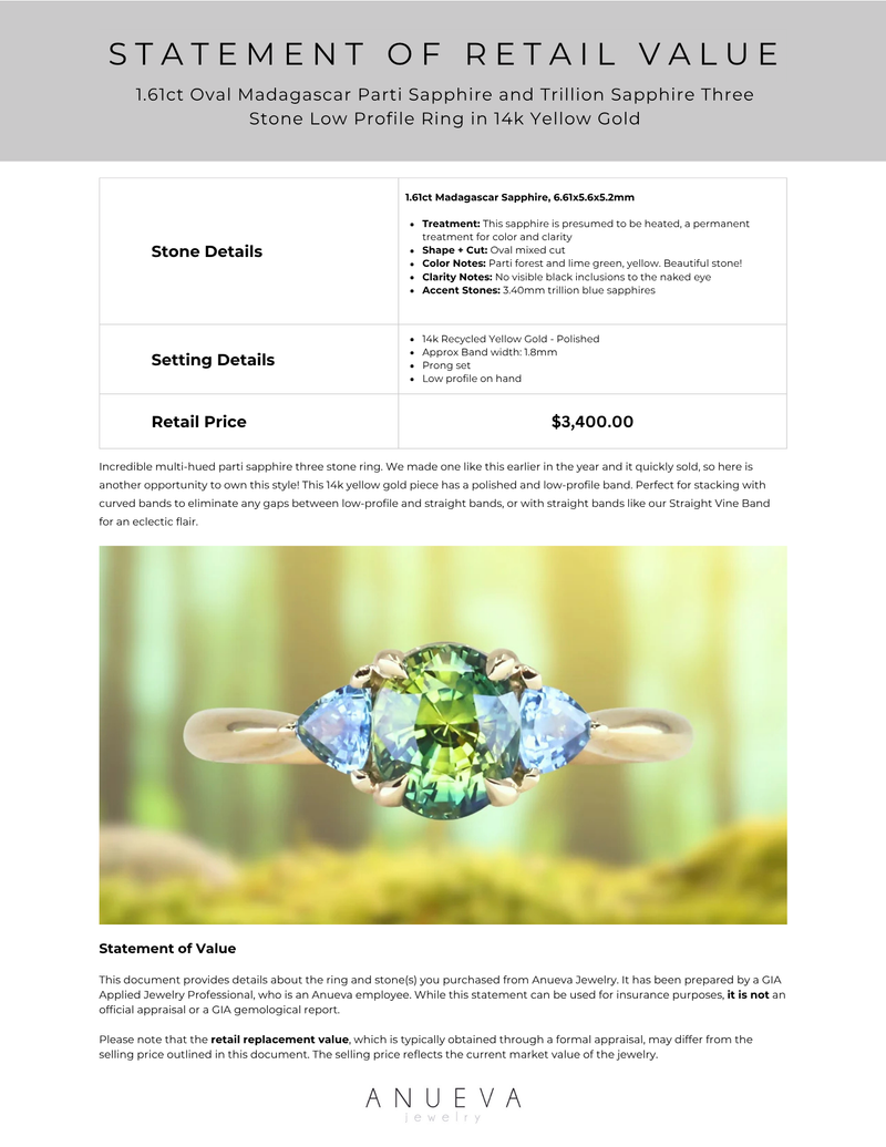 1.61ct Oval Madagascar Parti Sapphire and Trillion Sapphire Three Stone Low Profile Ring in 14k Yellow Gold