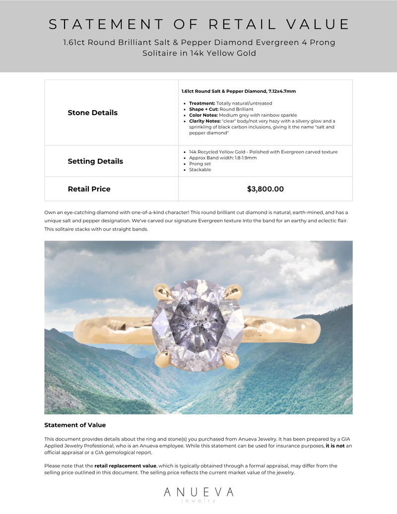1.61ct Round Brilliant Salt & Pepper Diamond Evergreen 4 Prong Solitaire in 14k Yellow Gold